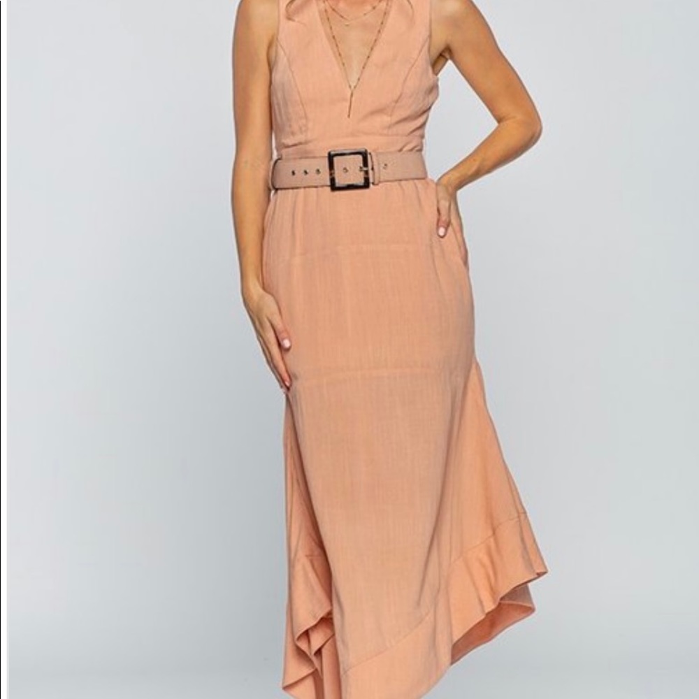 New Asymmetrical Peach Belted Sleeveless Dress